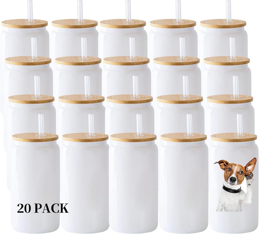 YOUKE OLA 20 Pack Sublimation Blank White Glass Cans Sublimation Beer Glass Cups with Bamboo Lids Borosilicate Glasses Tumbler Mason Jar Cups Mug with Straw for Beer, Juice, Drinks 16oz White