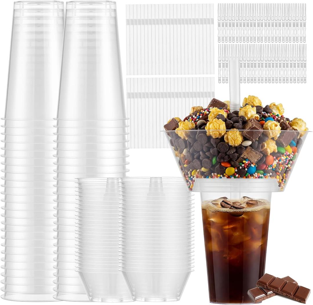 Snack and Drink Cup Includes 50 Cups, 50 Bowls,50 Straws, 100 Forks | Disposable Plastic Cup with Snack Bowl on Top for Party, Stadium, Patron and Movie Night