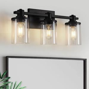 3 Light Bathroom Light Fixtures, Modern Black Vanity Lights Over Mirror, Wall Sconce with Clear Glass Shade and Metal Base, Matte Black Vanity Lights for Bathroom