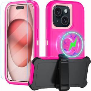 Magnetic for iPhone 15 Case,with Belt Clip,[Compatible with Magsafe] W/Tempered Glass Screen Protector,Anti-Drop,Shockproof,Heavy Duty Protection (Pink)
