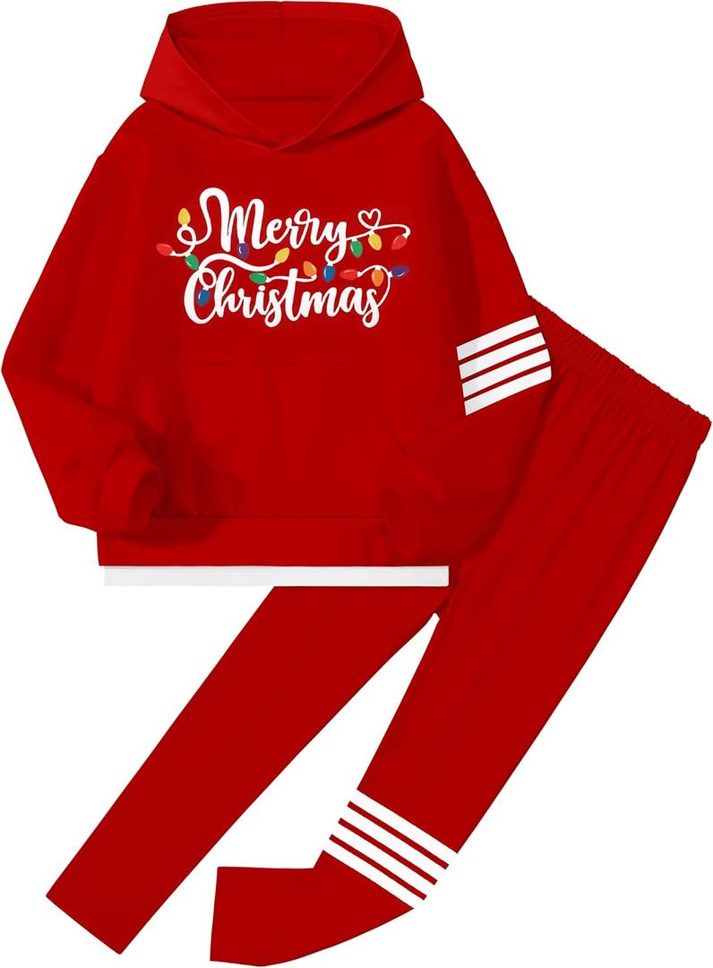 NECIOUS Girls Fall Outfits 2 Piece Fashion Contrast Stripes Hoodie Sweatshirt and Leggings Clothing Sets (13-14 Years, Red)