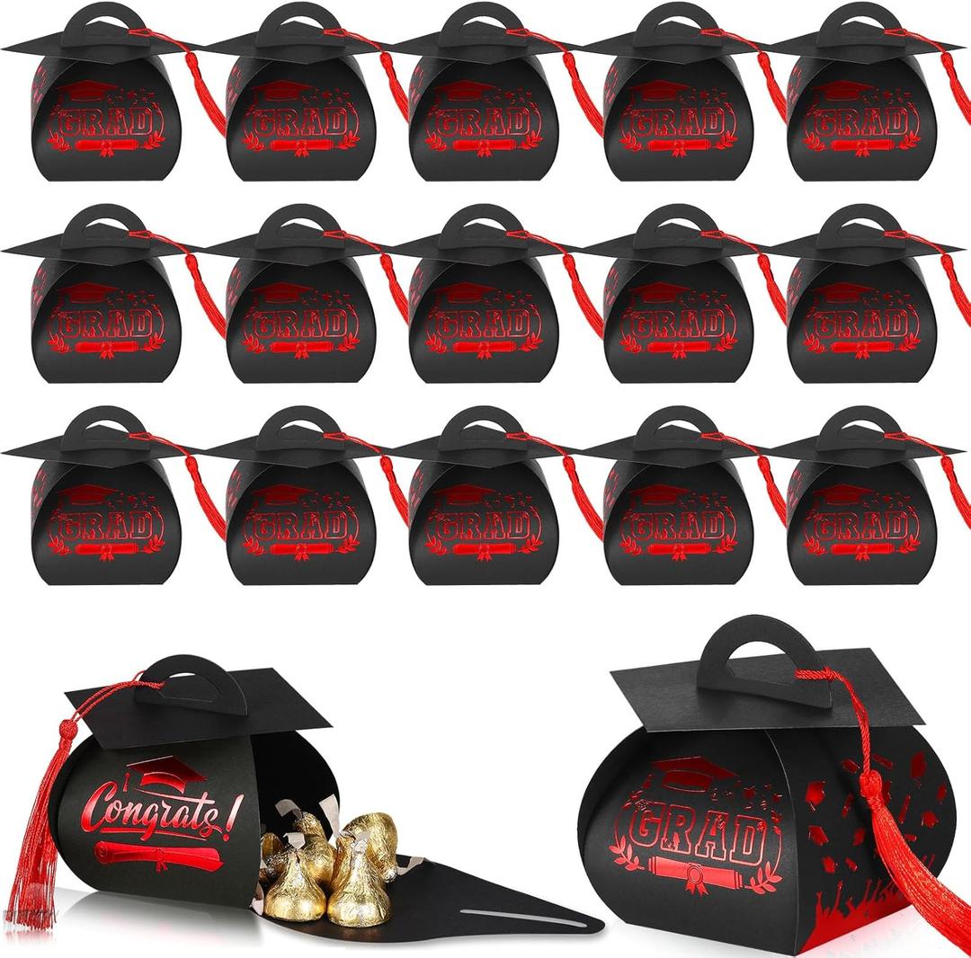 Colarr 100 Pack Graduation Cap Candy Box Graduation Party Favors Grad Gift Box with Gold Tassel Little Souvenir for Guest for Class of 2025 Party Supplies(Black, Red)