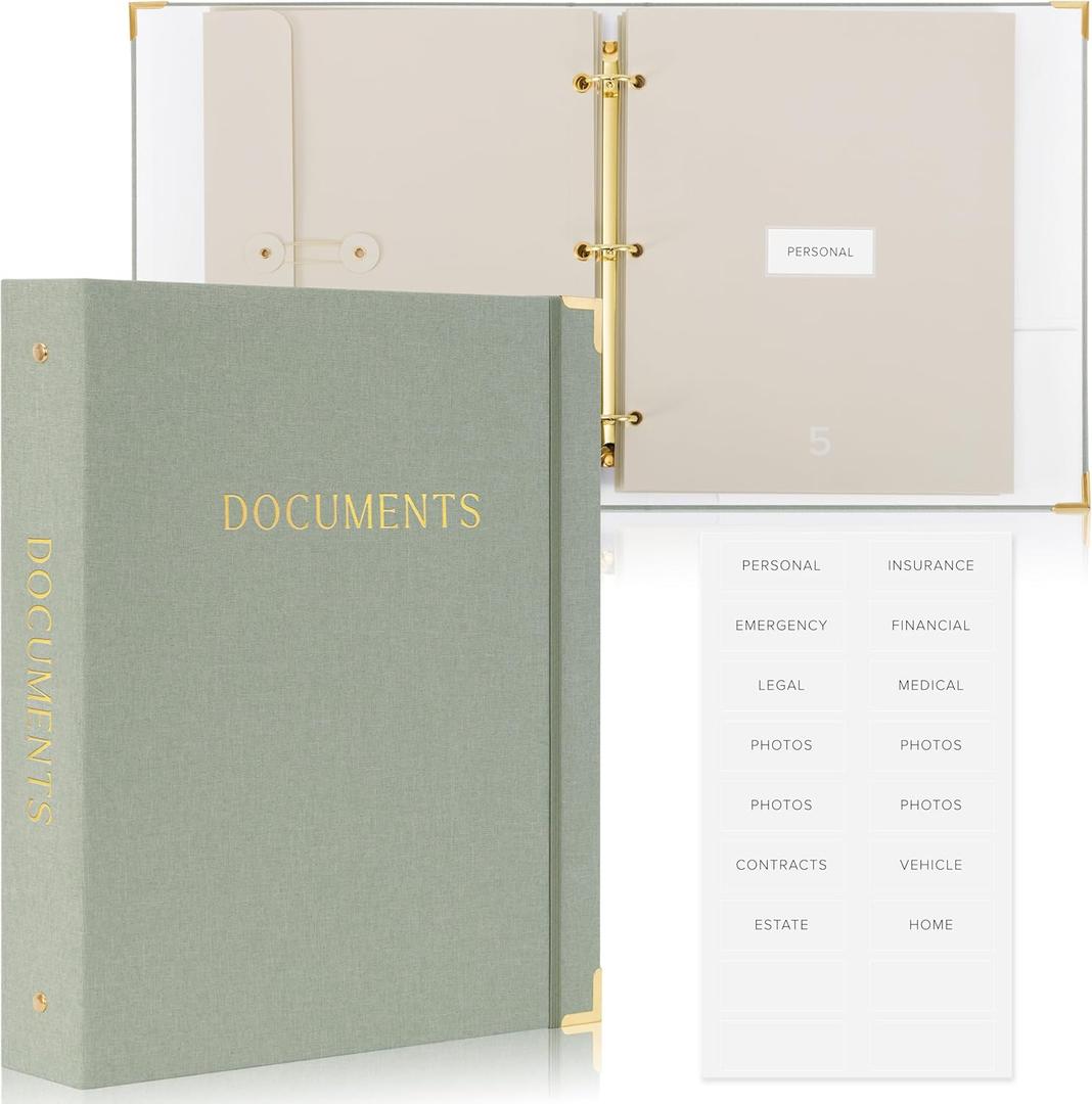Sturdy Document Organizer Set with Folders - Beautiful Linen 3-Ring Binder Safely Stores All Important Documents & Files in One Place - Easy to Use Expanding Storage Incl. Envelopes, Pockets & Labels (Sage)
