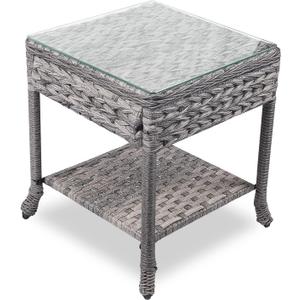 Wicker Patio Table,Rattan Coffee Table with Glass Top for Patio Proch Deck Balcony Rectangle Brown