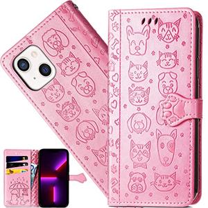CCSmall for Apple iPhone 13 (6.1 Inch) Cartoon Cute Wallet Case,Cat Dog Style Flip Phone Cover with ID Card Holder PU Leather Cases for Apple iPhone 13 MG Pink
