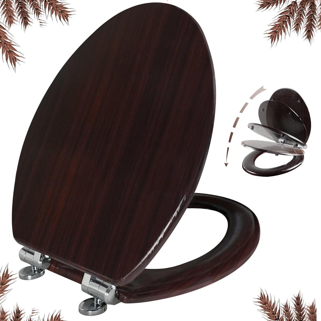 Elongated Toilet Seat Molded Wood Toilet Seat with Quietly Close and Quick Release Hinges, Easy to Install also Easy to Clean by Angol Shiold (Elongated, Dark Brown)