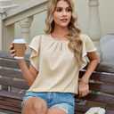 siliteelon Apricot Casual Tops for Women Blouses for Women Casual Ruffle Short Sleeve Flowy Satin Silk Soft Pleated Business Office Work Professional Fashion Trendy Elegant Summer Ladies XX-Large (Beige, XXL)