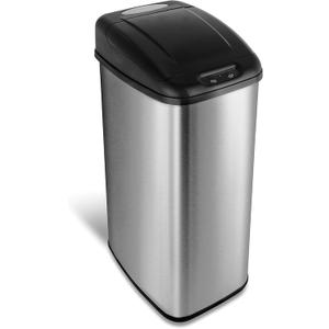 NINESTARS DZT-50-6 Automatic Touchless Infrared Motion Sensor Trash Can, 13 Gal 50L, Stainless Steel Base (Rectangular, Black Lid)