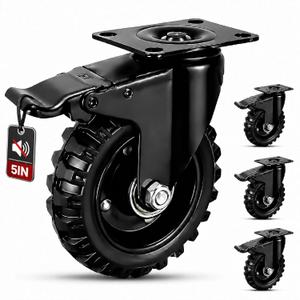 5 Inch Black Heavy Duty Caster Wheels, Dual-Lock Brake, Non-Marking Quiet Rubber Tires, 600LBS Each, 2400LBS Total, 4 Pack Industrial Caster Wheels, Ideal for Workbench, Trolley and Cabinett
