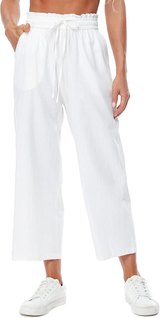 Womens Linen Pants Elastic High Waisted Wide Leg Drawstring Casual Loose Cropped Pants with Pockets (Medium, White)