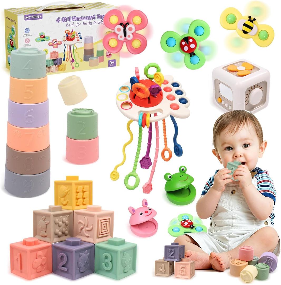 Baby Toys 6-12 Months, 6 in 1 Montessori Toys for Toddlers 1-3, Infant Sensory Pull String Toy, Fidget Spinners Soft Baby Blocks Stacking Cups, Baby Gifts for 1 Year Old
