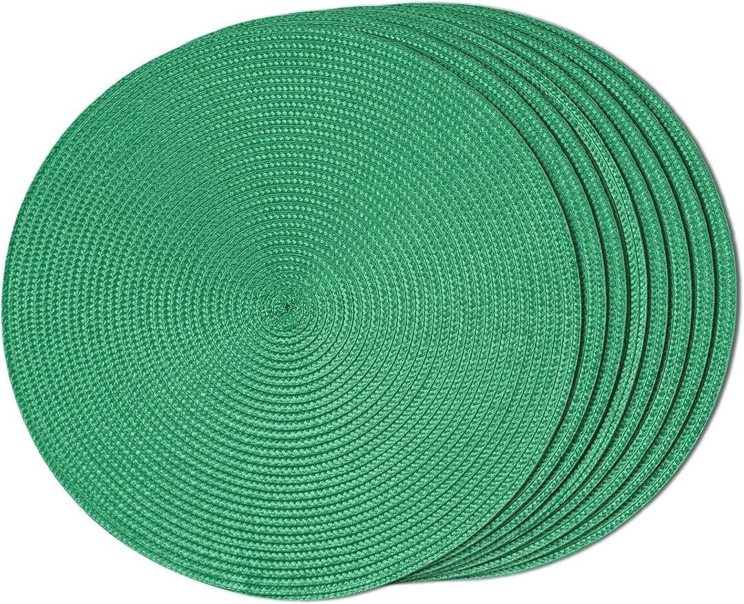 FunWheat Round Braided Placemats Set of 8 Table Mats for Dining Tables Woven Washable Non-Slip Place mats 15 inch(Holly Green, 8pcs)