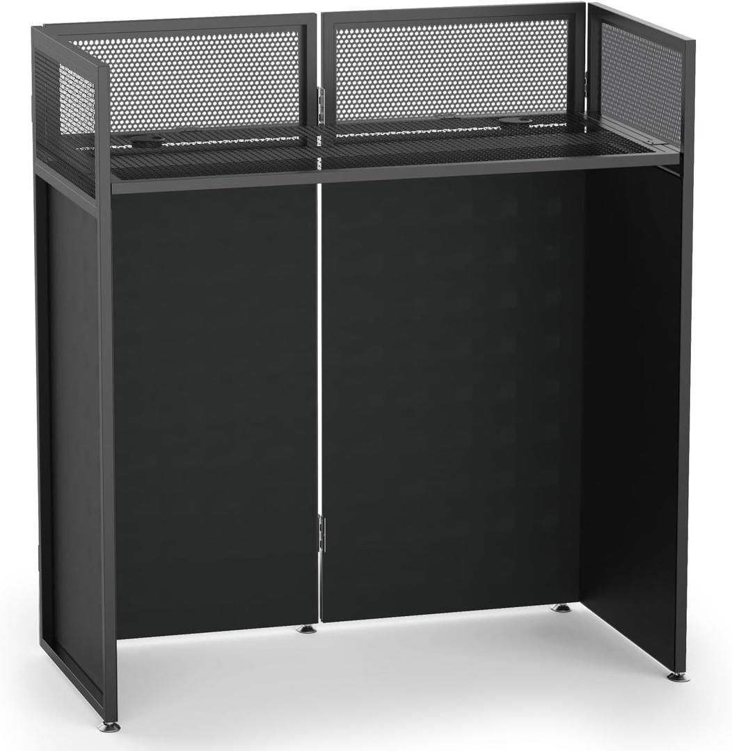 YooKoo Foldable DJ Booth for Tool-Free Assembly, DJ Table with White & Black Scrims, Metal Frame DJ Facade, DJ Stand with Cable Hole and Carry Bag, for Parties & Events & Small Studios, 46.5 inches x 21.25 inches x 42.5 inches