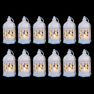 12-Pack Mini Moroccan Lanterns with LED Candle for Ramadan, Wedding, Festivals, Small Decorative Lanterns Shatterproof for Baby Shower & Table Centerpiece, Ornament, Party Decor, White