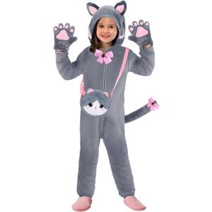 Gifts2U Halloween Cat Costume for Girls, Kids Onesie Costume with Pink Cat Ears, Cat Tail, Paws, Bow Ties and Purse Bag, Gifts for Halloween, Birthday or Any Costume Occasion 5-6Years