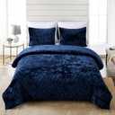 Fredsure Distressed Velvet Quilt Set, 3 Pieces Navy Queen, Distressed Velvet Face and Brushed Microfiber Reverse with Diamond Quilting