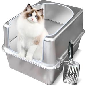 Stainless Steel Litter Box with Metal Lid and Scoop - Enclosed Metal Litter Box for Large Cats, Rust-Resistant, Odor-Control, Easy to Clean, Durable & Long-Lasting with Round Edge (L) (L:17.7"x13.8"x11.8")
