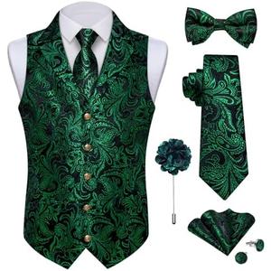 DiBanGu Silk Paisley Vest for Men Wedding Waistcoat and Necktie Bowtie Lapel Pin Set 7PCS Dress Vests for Suit or Tuxedo S