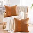 Boucle Decorative Throw Pillow Covers 18"x18" Set of 2  Modern Textured Pillowcases with Faux Leather Contrast Stripe, Neutral Accent for Couch, Bed, or Chair  Leather Brown