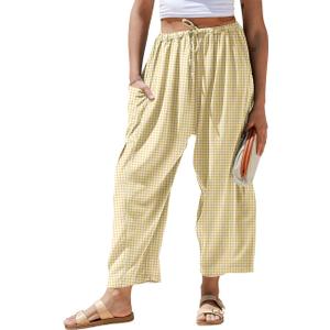 TARSE Womens Linen Wide Leg Striped Pants Casual Barrel Loose Drawstring Low Waist Palazzo Harem Pants with Pockets (Large, Brown White Plaid)