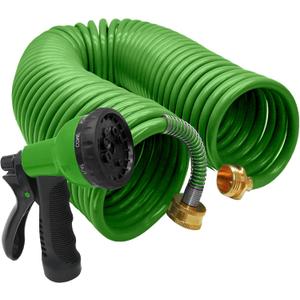 50ft Garden Hose, EVA Curly Water Retractable Hose Brass Connectors, Includes 8-Pattern Function Sprayer, Corrosion Resistant Coil for Gardening Homeowners (Green)