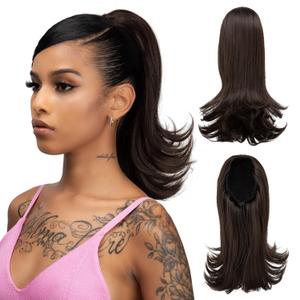 Short Drawstring Ponytail Hair Extension for Black Women 14 Inch Straight Ponytail with End Curls Synthetic Fake Hairpieces Dark Brown