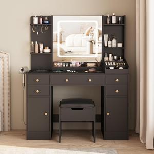 Vabches Vanity Desk with Lights, Makeup Vanity Table with Charging Station, 44.9in Big Vanity Set with 5 Drawers & Lots Storage Space, Black
