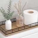 Toilet Paper Basket Organizer Acacia Wood Toilet Tank Tray with Metal Frame, Bathroom Counter Top Storage for Toilet Paper, Wipes & Decor, Modern Narrow Back of Tank Shelf Organizer, Black & Acacia