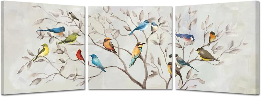 KREATIVE ARTS 3 Pieces Square Canvas Wall Art Birds on Tree Branches Painting Printed on Contemporary Home Bedroom Decoration Wrapped with Wooden Frame Ready to Hang Each Size 16x16inch