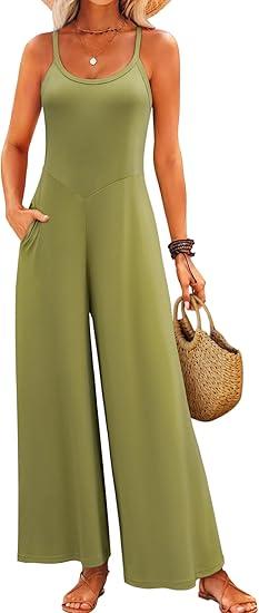 Jumpsuits for Women 2025 Summer Sleeveless Casual Loose Wide Leg Long Pant Rompers One Piece Beach Vacation Outfits Green M