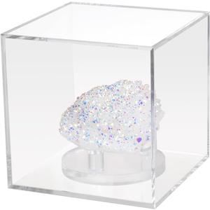 3 Pegs Round Display Easel Stands with Transparent Acrylic Box, Multiple Decoration Storage Case, Small Items Stands for Displaying Collectible Stone Rock Mineral Geodes (Medium-4x4x4in, 1Pcs)