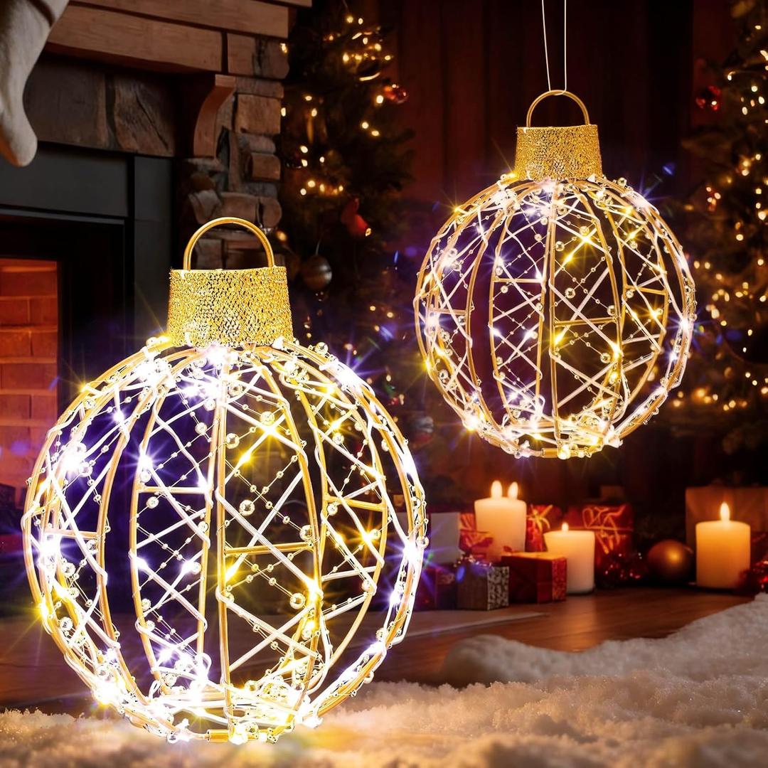 Mudder 2 Pack Christmas Light Balls Outdoor Sphere Lights 12" Hanging LED Holiday Ornaments with 120 Warm and White Lights Waterproof Large Christmas Balls for Outdoor Porch Patio Xmas Decor