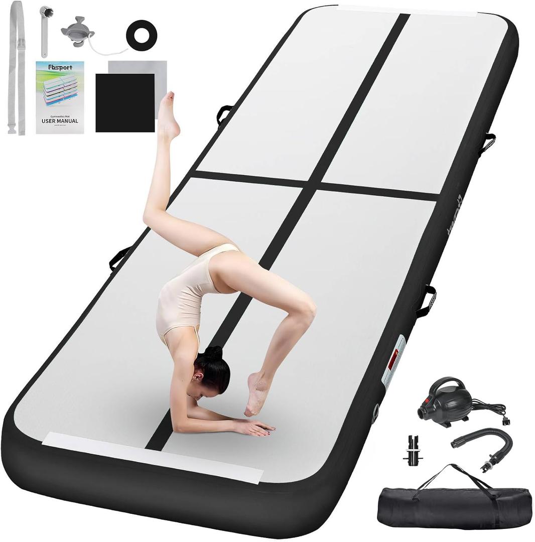FBSPORT Inflatable Air Gymnastics Mat Training Mats 4/8 inches Thickness Gymnastics Tracks for Home Use/Training/Cheerleading/Yoga/Water with Pump (6.6ft*3.3ft*4in(2*1*0.1m), Black)