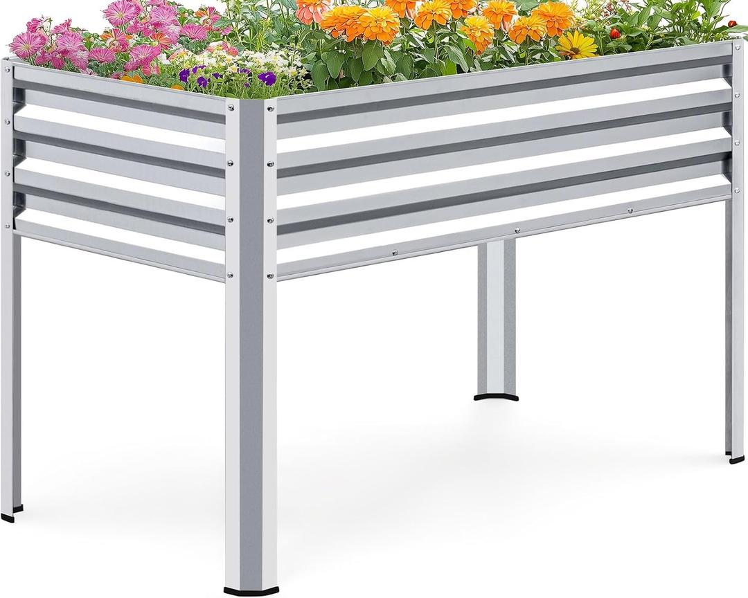KING BIRD Large Raised Garden Bed with Legs Galvanized Elevated Planter Box 482430 in for Backyard, Patio, Balcony, 400lb Capacity, Silver (48x24x32 in)