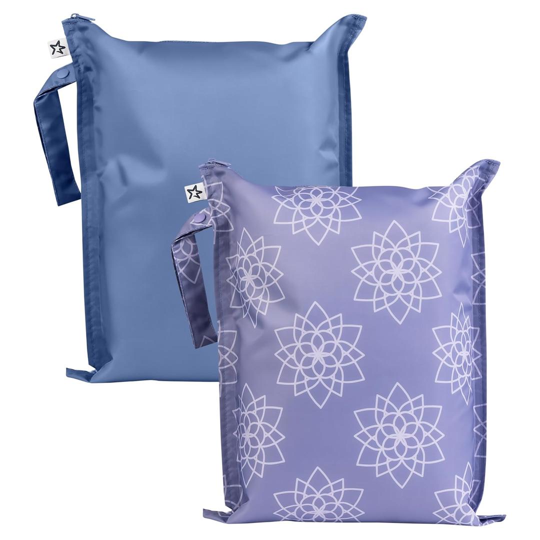 Tiny Twinkle Mess Proof Wet Bags | 2-Pack Reusable Waterproof Wet Bags for Swimsuits | Baby Clothes | Travel & Diaper Bag (Lotus)