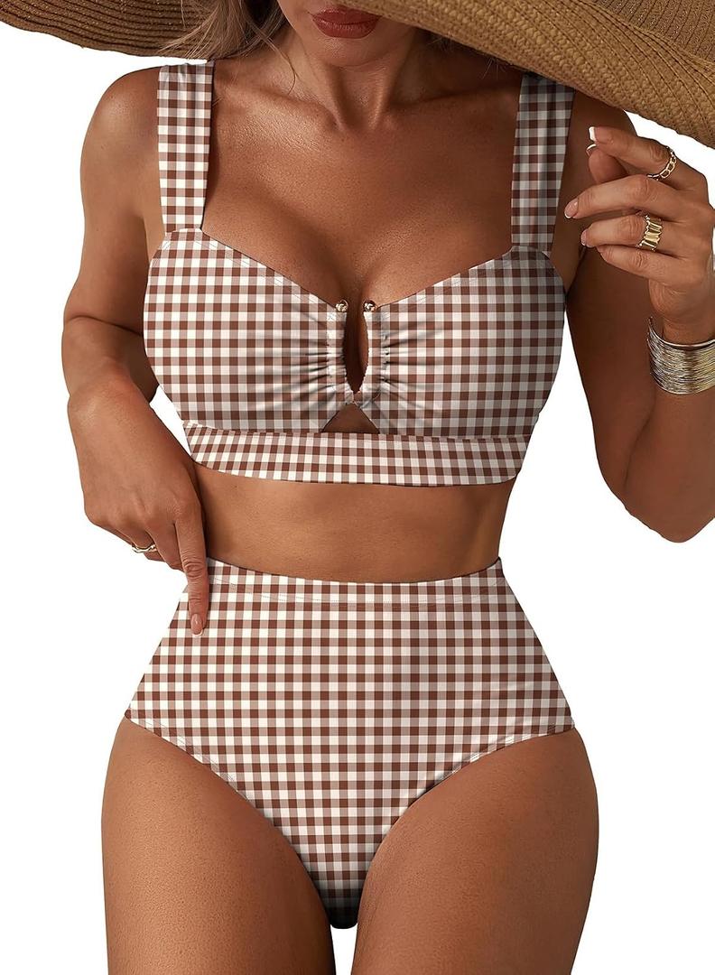 Herseas Women's 2 Piece U Wire Cutout Bikini Sets Floral Print High Waisted Swimsuit 2026 Summer Beach Swim Bathing Suit (Beige, L)