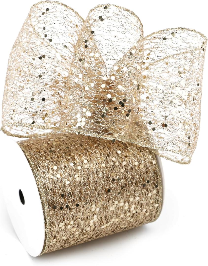 Champagne Gold Glitter Mesh Wired Ribbon 4" X 10 Yards Webbed Champagne Gold Sequin and Glitter Christmas Ribbon for Tree Decoration, Garlands and Swags, Home Decor, Craft Projects