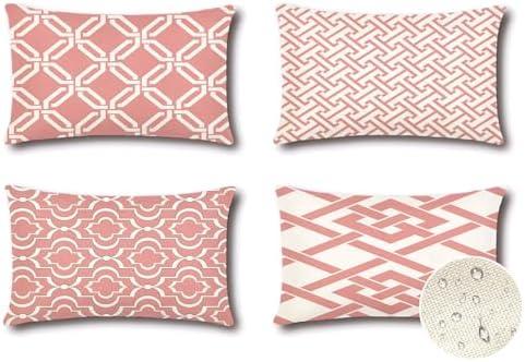 OTOSTAR Set of 4 Waterproof Throw Pillow Covers 16x24 Inch Farmhouse Geometric Square Pillow Cases for Couch Patio Furniture Balcony Garden Outdoor Decoration（Geometry40-Pink