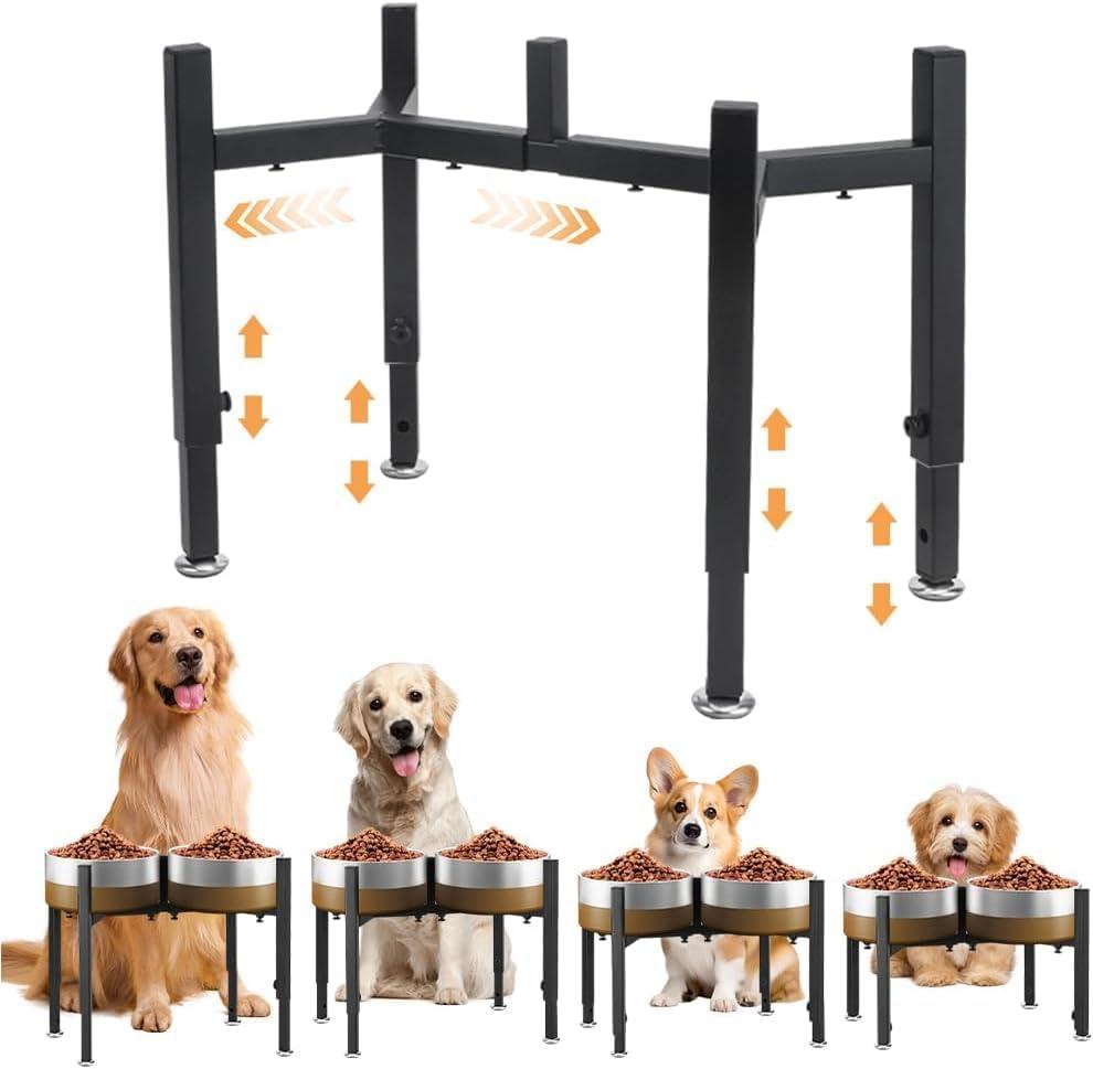 Elevated Dog Bowl Stand, FHDUSRYO Upgrade Metal Dog Feeder Supports, 4 Adjustable Heights 8-14.5" Width 14-21.2", Non-Slip and No Spill Raised Pet Bow Holder for Small Medium Large Dogs (Double)