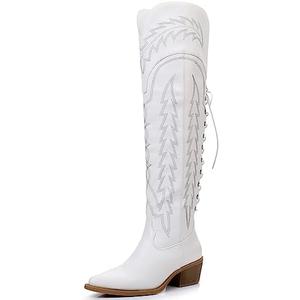 GLOBALWIN Women's White Cowboy Boots Western Fashion Over The Knee Thigh High Cowgirl Boots Low Heel Size 7M