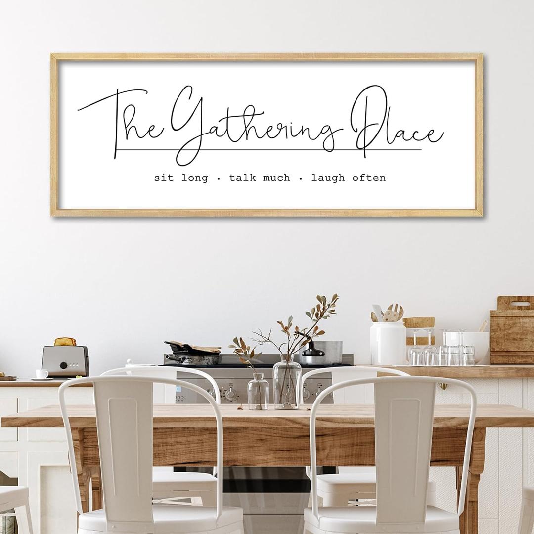 YWJKWLGS The Gathering Place Wall Art Decor Sign Wall Decor 32x12 Inch Modern Calligraphy Minimalist Wooden Hanging Plaque for Dining Room Kitchen Living Room Large Rustic Framed (Wood)