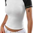 LilyCoco Women's Raglan Sleeve Tops Baby Crop Tees Color Block Crew Neck T Shirt White Small (S)