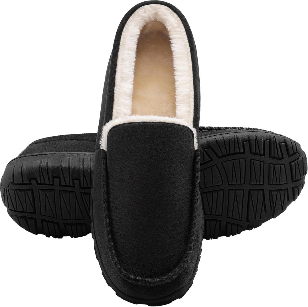 Shoeslocker Men's Slippers Indoor Outdoor Warm Soft Plush Memory Foam House Slippers for Men Comfortable Bedroom Moccasin Slipper Non-Slip (13, Black)