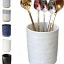 TOPYOKK Stoneware Coffee Bar Utensil Holder Tea & Coffee Spoon & Stirrer Holder for Stir Stick Straw Teaspoon Holder Spoon Cup Small Utensil Jar (Spotted White)