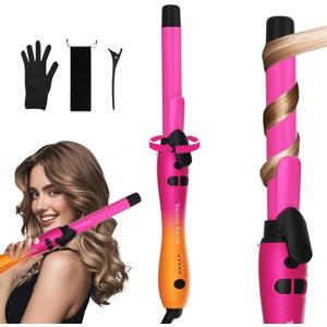 Extra-Long Barrel Rotating Curling Iron with Short Clamp, Automatic Curling Iron 1 Inch Creates Loose Curls  for Medium and Long Hair, High Heat 410F, Instant Heat up, Double Ceramic, Dual Voltage (Rose and Orange)