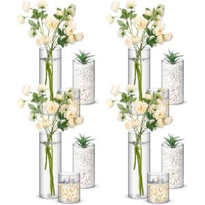 Nuogo 12 Pcs Plastic Cylinder Vases Tall Clear Flower Vases for Centerpieces Hurricane Candle Holder for Home Wedding Office Party Formal Dinners Decorations (4''/6''/8'')