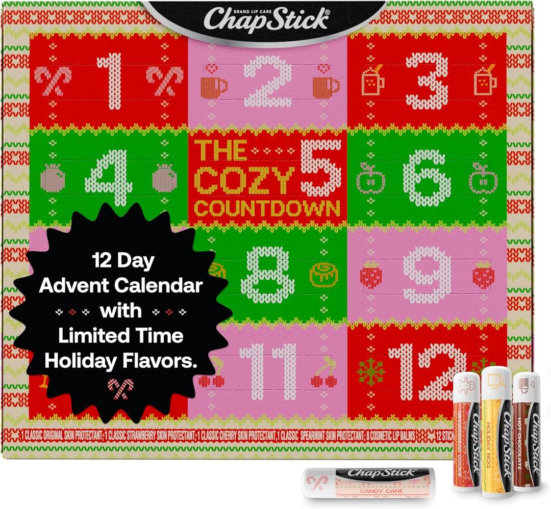 ChapStick Advent Calendar 2025  Cozy Countdown to Christmas, Variety 12-Pack Lip Balm Gift Set, Holiday Gifts for Women, Men, Teens, Coworkers, Grandpa & Grandma, 0.15 Oz Each