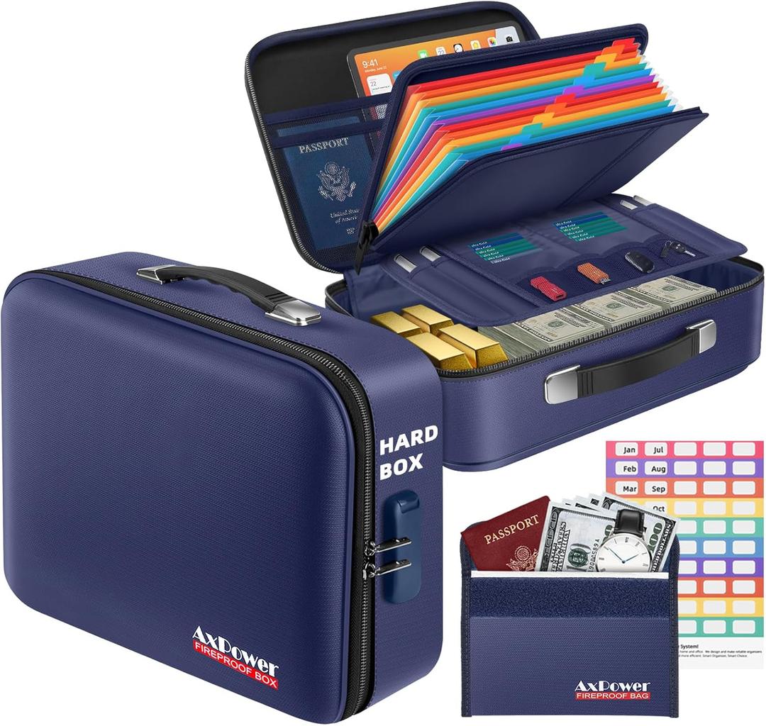 Fireproof Document Storage Box Hard Case With Lock, Multi-Layer Fire Proof Water Resistant Safe Box File Organizer Bag With Small Money Bag for Important Documents Passport Certificates Laptop (Blue)