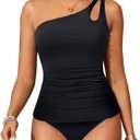 Talisea Two Piece Tankini Bathing Suit One Shoulder Swimsuit for Women Tummy Control Swimwear (Medium, Black)