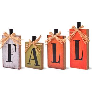 Ovootok Fall Decorations for Home, 4 Pcs Rustic Farmhouse Home Decor Signs, FALL Centerpieces for Tables, Autumn Decor Sign Block Set for Thanksgiving Party Harvest Kitchen Tiered Tray Mantel (4